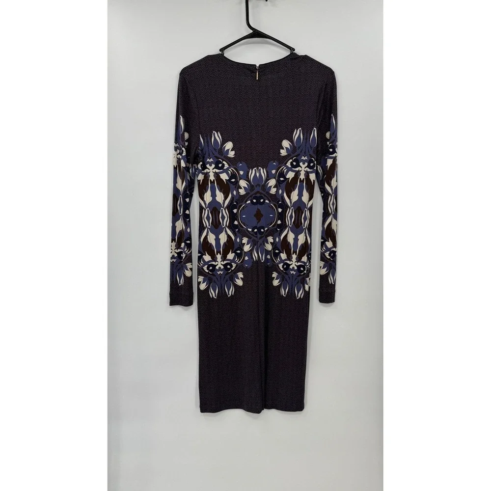 Tory Burch M Midi Sheath Dress Womens Purple Blue Medallion Floral Long Sleeve